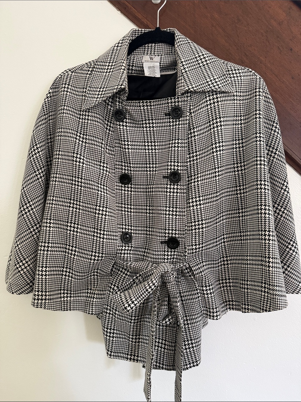 Worthington Vintage Black & White Houndstooth Double-Breasted Cape Jacket